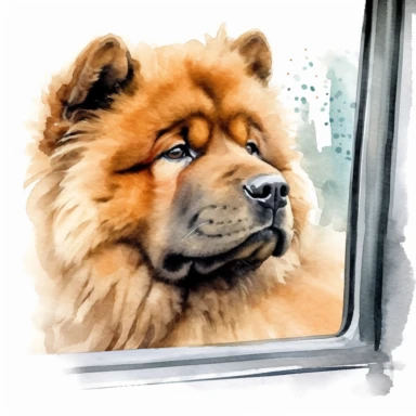 close up high detailed, Hand drawn watercolor clipart of Chow Chow puppy looking outside a moving car window, on a pure white background for background removal, no shadow, no paint splash
