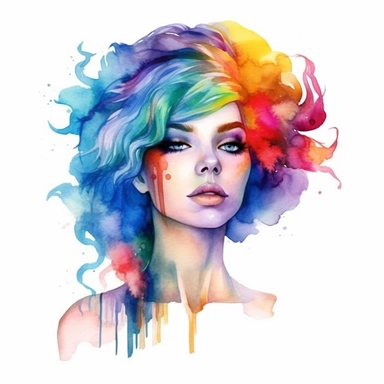 a beautiful woman princess with rainbow hair. white background. clipart. watercolour.
