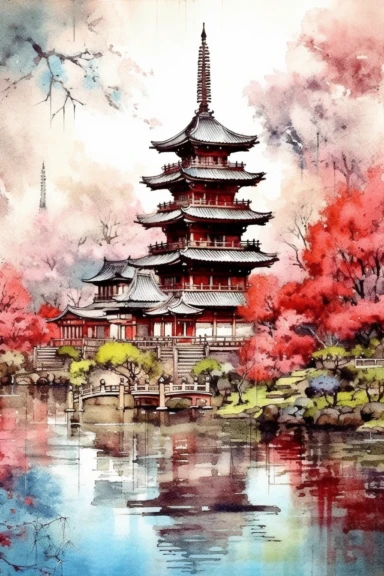 Watercolor Japan landscape, wonderful nature, very vivid colors, highly detailed drawing, white background, clipart, colorful, highly detailed, HD