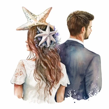 Boho nautical style, wedding bride and groom, back view, seastar, seashell, fantasy, white background, watercolor, hyperrealism, high detail, separate elements, set, clipart