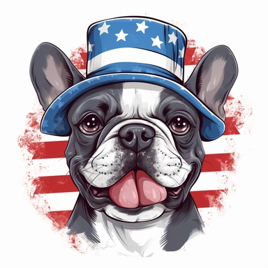 sticker, white background, french bulldog, open mouth, in style Independence Day in usa, hat with an american flag, clipart