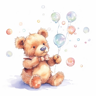 illustrated teddy bear blowing bubbles, clipart variation on a white background