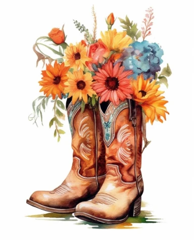 create a high quality watercolor clipart of a floral cowboy boots on the white background. The image needs to be high resolution.