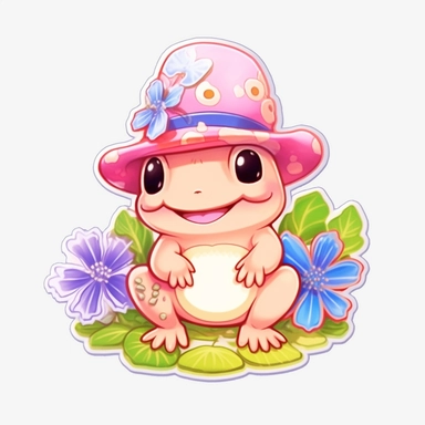 kawaii frog, happy, sticker, bold line, clipart, white background, many details, kawaii, hat, goll, flowers, pink, white background, 8k detail