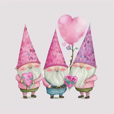 Watercolor happy 3 pink gnomes valentine theme with pink heart balloons, Clipart, Colorful, Retro, highly detailed on white background