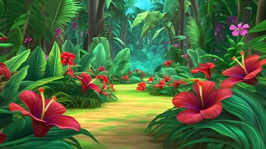 animated pixar style Tropical meadow with red hibiscus flowers, background, maximum quality, high-quality drawing, clipart, full Illustration, 4k, sharp focus, smooth, concept art, style fairy tales, 8k Octane rendaring, 3d,