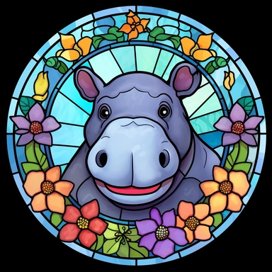 Stained Glass CUTE HIPPO FLOWERS in the shape of a circle PNG Clipart