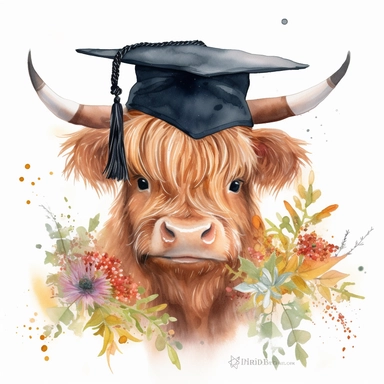 watercolor clipart, cute baby highland cow wearing graduation cap surrounded by wildflowers