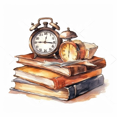 a watercolor a Vintage Alarm Clock with Books Clipart sublimation clipart graphic, full body, clipart, sticker, a single picture, one image in the frame--no text in the picture--