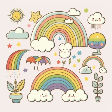 simple vector drawing of a rainbow, clipart, basic shapes, solid colors, joyful, doodle, sticker design, lineart, 2d flat file, silhouette, svg cut file