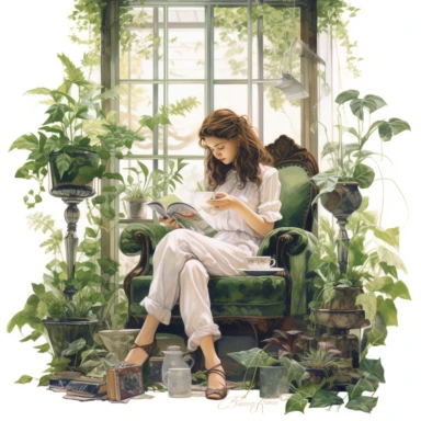 watercolor, hyper realistic, white background, white margins, 16k, ultra detailed clipart, cut out image, hand-drawn a Victorian pretty girl having tea amidst a botanical conservatory, surrounded by exotic plants, hanging vines, and large glass windows.