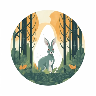 cute vivid color clip art of a rabbit in the woods, bold color with a border on a white background