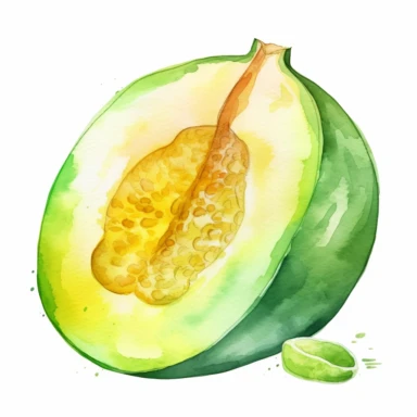 Create a bright watercolor clipart illustration of a ripe, juicy honeydew melon sliced open to reveal its sweet, juicy ,watercolor, vector, contour, white background.