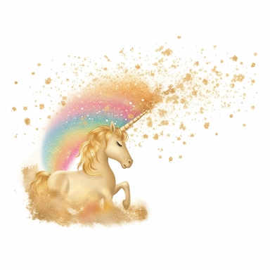 one gold glitter unicorn clipart with a rainbow an fluffy gold clouds,, white background