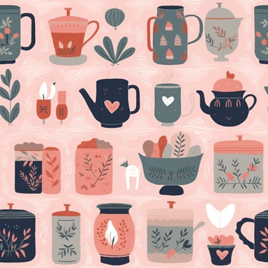 An image filled with loving, homely items that symbolize motherhood, such as a steaming coffee mug, a calming candle, a comfy pillow, and a heart-shaped pendant, all crafted in a paper-cut style. Each item interlinks seamlessly, set against a soft, pastel-toned backdrop, creating an enchanting pattern that encapsulates the warmth and care associated with a mother's love. in Clipart style
