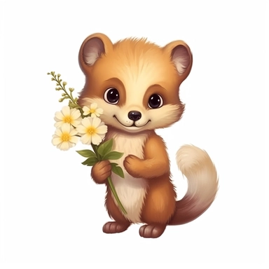 Cute Beautiful marten holding a flower Sublimation Clipart, Cartoon, hyper realistic, intricate detail, illustration style, high solution, on the white background