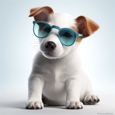A hyper-realistic and adorable baby Jack Russell puppy wearing sunglasses , placed against a white background in a clip art style. Cinematic, hyper-detailed, with insane detail and beautiful color grading. Created using Unreal Engine, featuring depth of field, super resolution and megapixel resolution. Enhanced with cinematic lighting, anti-aliasing techniques such as FKAA and TXAA, and utilizing RTX technology for realistic reflections. Additional effects include screen-space ambient occlusion 