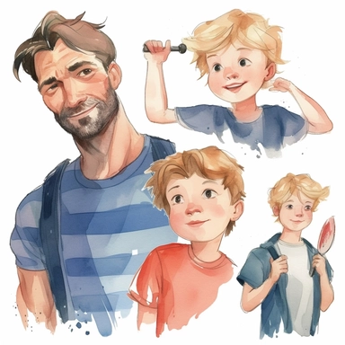 watercolor kids love for their dad, illustrations clipart set, simple, , cartoon elements , father's day elements, good anatomy and beautiful faces, handsome faces, different variants , separate elements with a margin