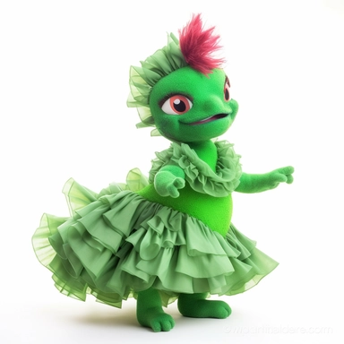green baby girl Godzilla, looks like an alien, doing high step dance moves, wearing a designer dress made from Phoenix feathers , ultra high fashion, wearing ruby neck scarf, techno lighting, disney cuteness, plain white background, cutout clipart
