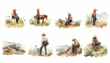 watercolor clipart set illustrations of cowboys from behind with wild grass and Texas longhorns on white background