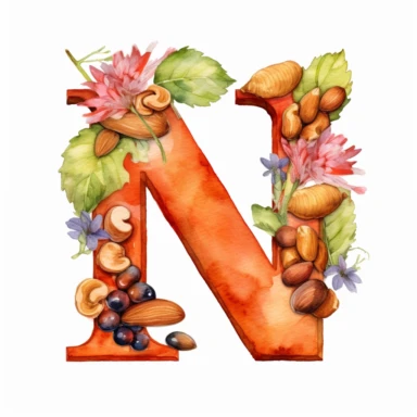 Clipart, Watercolor letter n with nut around it