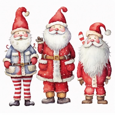 spaced apart, seperate, 4 x single, Highly detailed, christmas santa themed Doll, individually spaced, seperate, apart, watercolour clipart, vibrant colours, vibrant design, with white background, individually spaced, seperate, apart, Cut out doll used in Cardmaking, Mixed Media Crafts, as a character sheet, on a white background in the style of Marker drawing by Jasmine Becket - Griffith
