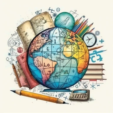 math problems, globe, map, compass, books, science, clip art, hand drawn, fun, white background--ar 16:9