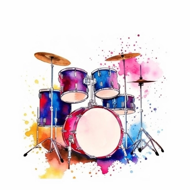 watercolor clipart, one individual drum set, vibrant splash of color, white background