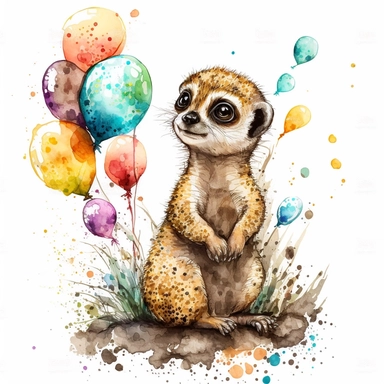 Safari Baby Animal Watercolor Clipart, Cute Baby Suricate, Cute Jungle Animal, Birthday Baby Suricate, colorful balloons, no image noise, no lettering, hyperdetail, maximum detail