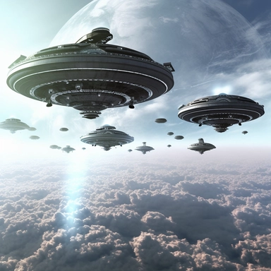 Clipart, A fleet of alien spaceships approaching Earth, hyperrealistic, hyper high definition