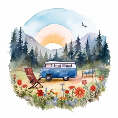 A cozy vanlife clipart featuring a vintage camper van parked in a picturesque mountain meadow, surrounded by tall pine trees and colorful wildflowers, sunlight filtering through the branches, a couple sitting by a campfire, enjoying a cup of hot coffee, Illustration, watercolor on papern contrasting plain background for clear background separation