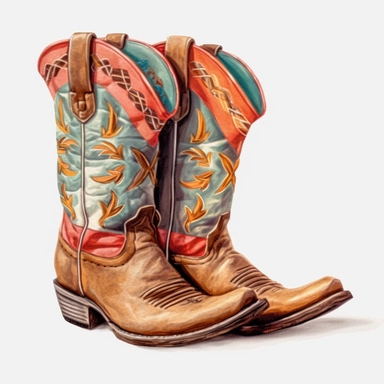 White background, Cowboy boots, clipart, Cowboy hat on shoes, pastel