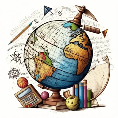 math problems, globe, map, compass, books, science, clip art, hand drawn, fun, white background--ar 16:9