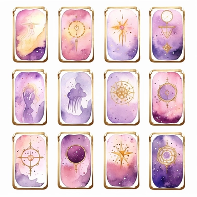 Tarot Cards, in the style of watercolor illustrations, pink and gold, soft lilac, magical and mystical, galaxy elements, modern minimal watercolor, on white background, clipart