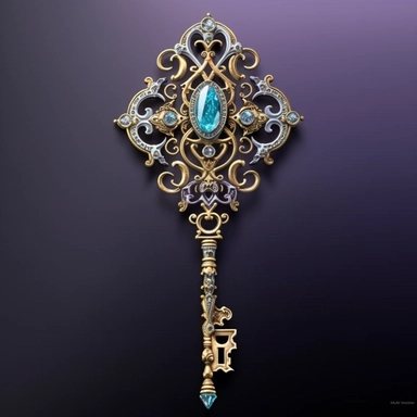 A mesmerizing clipart showcasing a legendary fairy tale tool: a shimmering and ornate key of wondrous proportions. The key should possess intricate details, such as delicate engravings depicting mythical creatures or symbols of magic. Its handle should be crafted from a rare and iridescent material, radiating an ethereal glow. The teeth of the key should be intricate and unique, as if they hold the secrets to unlocking mystical realms. Place the key against a pristine white background
