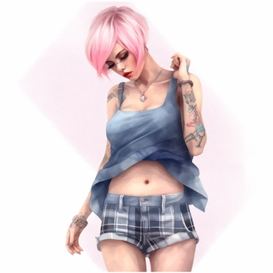 glamour model posing, short pink hair ripped jean skirt, full length, watercolour style, fine details, 8k clipart png transparent