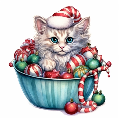 cute christmas cat clipart, in the style of jody bergsma , in the style of quirky characters and objects, candy dish