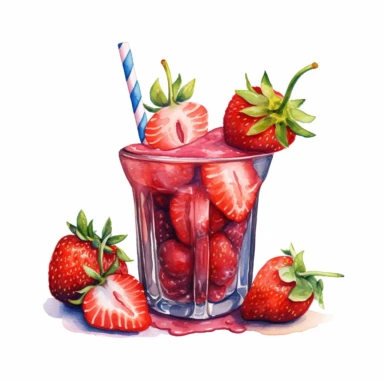 An Strawberry fruit with a straw inserted, as if ready to be juiced or drink, Watercolor, pastels, clipart, beautiful, colourfull, png transparent white background, high resolution, no caption q4 s2