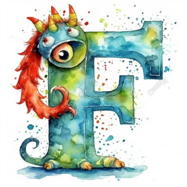 Design a letter F in a monster concept as a clipart using watercolor medium, The clipart should be created on a white background and maintain a playful and imaginative style