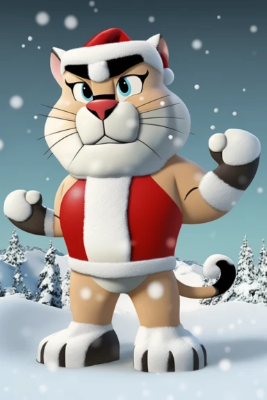 no text, winter wonderland background with snow and snowflakes, 3d whole body clipart of a smiling, friendly panther, wearing a santa clause hat, christmas vibes, cartoon network style, friendly face, head unproportionally bigger than body, detailed body shape, front shot, insanely big shiny eyes, caricatured face, insanely glossy, plastic like fur and skin, unrealistic, 8k photography, cinematic, super cute face, Photography, Ultra-Wide Angle, Depth of Field, hyper-detailed, beautifully color-c
