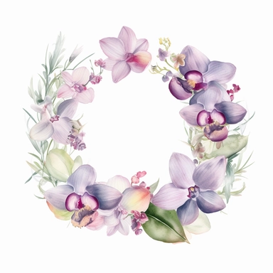watercolor orchid wreath on white background, in the style of muted and subtle tones, intricate floral arrangements, uhd image, subtle realism, asymmetrical framing, fawncore, wedding clipart, floral accents, no background
