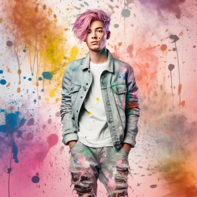 idyllic young man multicolor hair, fashion model, looking in the camera, eye contact, full body, fairytale dreamlike, clipart with watercolor splash background, with transparent background, hyper realistic, professional photography, super detailed