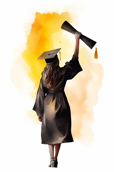 soft watercolor black yellow sillhouette of a proud happy female graduate holding a small thin scroll in the air, view from behind, clipart white background