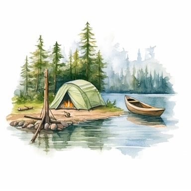 an enchanting watercolor clipart image with a white background and white margins, showcasing a lakefront campsite with a tent pitched and a fishing pole nearby. The ultra-detailed, hand-drawn elements capture the serene lake, campfire, and outdoor activities. Use vibrant shades of blue and green to create a visually appealing and refreshing image that conveys the joy and relaxation of camping by the lake.