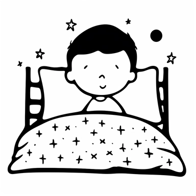 stick figure clipart about a boy stick figure, cute sleeping in bed, only black lines, isolated, low details, oneline art, white background,