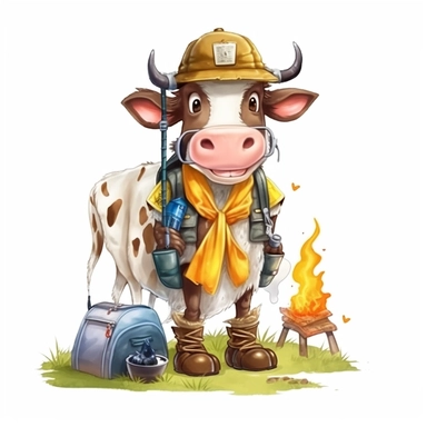 cute Cow character wearing camping clothes and camping gear with happy face,front facing on isolated background,with happy face and expression,Animal Sublimation Clipart,no splash watercolor,white background, ultra detailed clipart, cut out image, colorful watercolor realistic, cartoon style, ultra HD, sharp and clean art