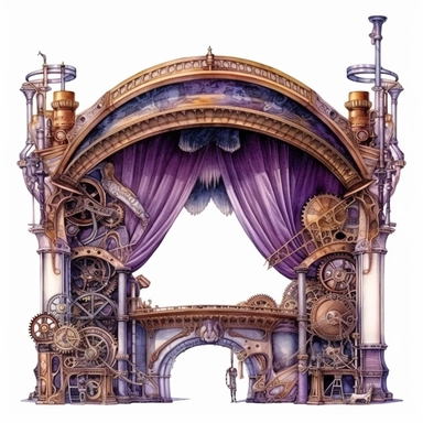 Steampunk theatre stage with luxurious, violet curtains decorated with intricate mechanical elements, grand copper archways, and a panoramic backdrop of a high-flying zeppelin amidst a gear-filled sky, hyper-realistic, watercolor, intricate details, retro-futurism, solid white background, watercolor clipart