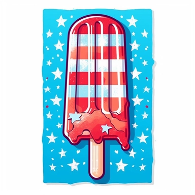 isolated flat clipart on a white background of a cute Fourth of July themed popsicle with stars on a blue background and red horizontal stripes tshirt design graphic, in the style of daniel f. gerhartz, transcendent, nikon d850, art of burma, captures the essence of nature, in the style of organic forms and patterns, expansive skies, hyper-detailed illustrations, i can't believe how beautiful this is, lively colors