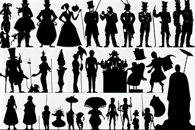 silhouettes of soldiers, priests, devils, fauns, angels, jugglers, cops, clowns, madmen. Bizarre, whimsical, random, victorian, theatrical, funny. Black and white clipart collection, white background