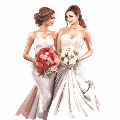 Wedding bride with bridesmaid, fancy dresses, vector clipart, white background